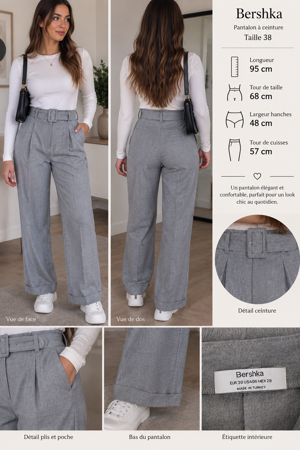 Pantalon gris Bershka femme taille 38 avec ceinture